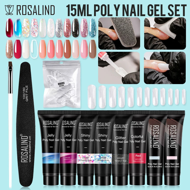 ROSALIND Poly Nail Gel Set 15ML Extension Kit with Nail Tools All For Manicure Building Finger Extension Nail Art Design