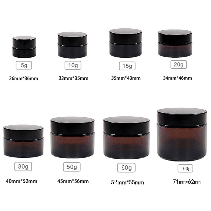 5g-100g Amber Round Glass Jars Pots With Inner Liners & Lids Vials For Lip Balm Lotion Cream Eye shadow Nail Powders Candle jar