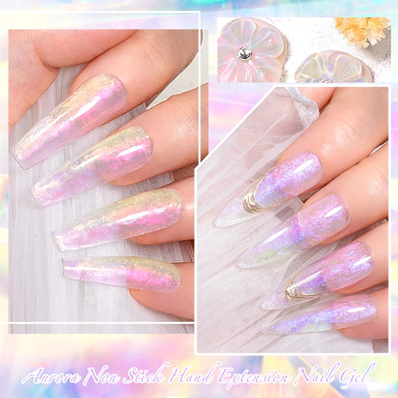 MEET ACROSS 2/14Pcs/Set Aurora Non Stick Hand Solid Extension Gel Nail Polish Soak Off Hard UV LED Finger Extension Varnishes