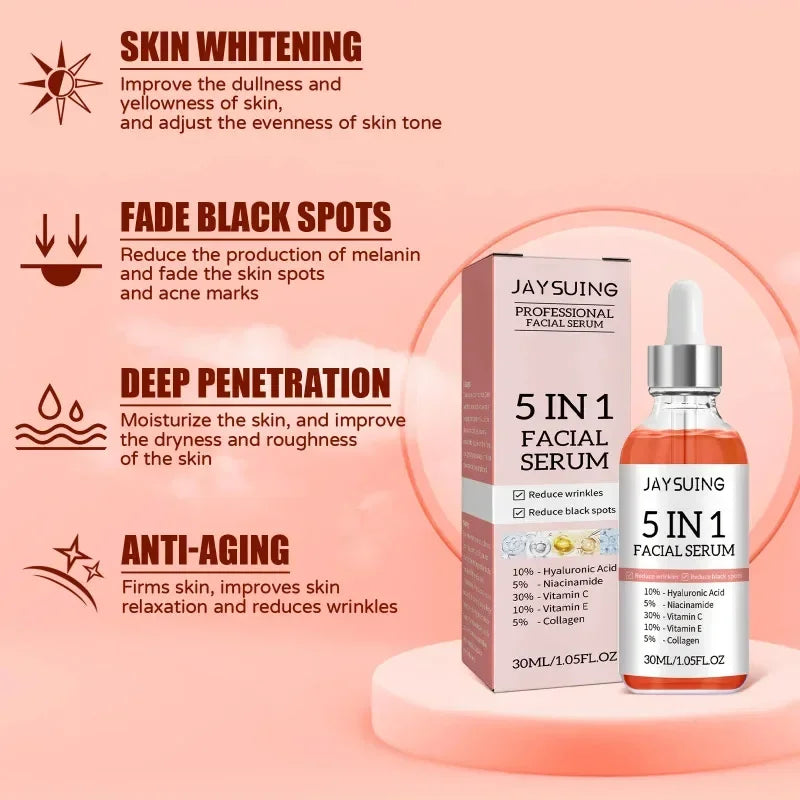 5 In 1 Hyaluronic Acid Face Serum Moisturizing Brightening Anti-Aging Vitamin C Shrink Pores Serum Skin Care 30ml