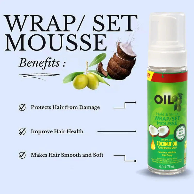 Olive Oil Hold & Shine Wrap/Set Mousse Good Smell Foaming Curl Mousse Useful Soft Wraps And Define Curls Twists Hair Mousse 7 OZ