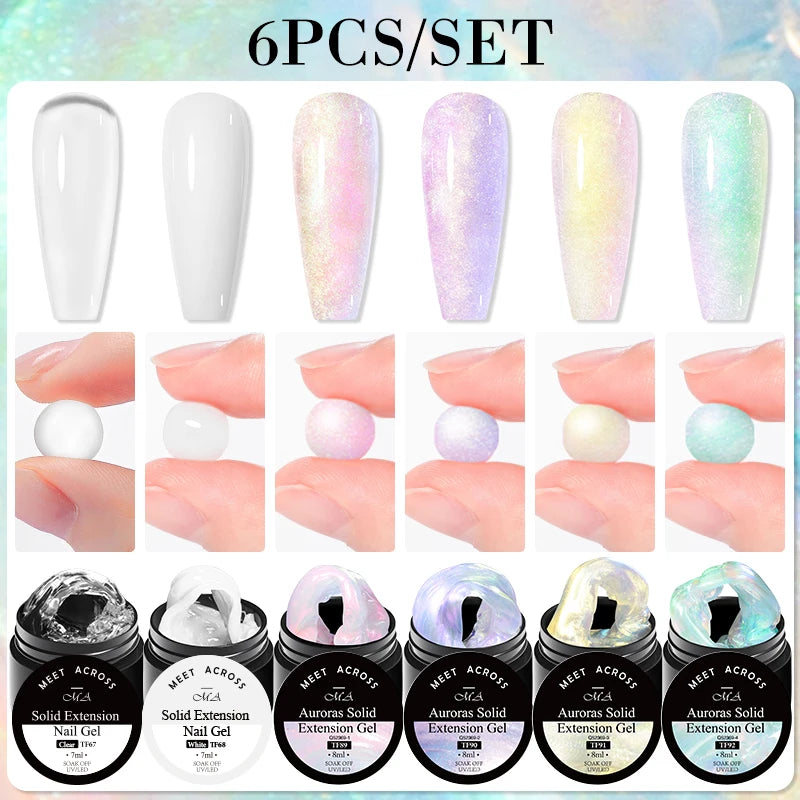 MEET ACROSS 2/14Pcs/Set Aurora Non Stick Hand Solid Extension Gel Nail Polish Soak Off Hard UV LED Finger Extension Varnishes