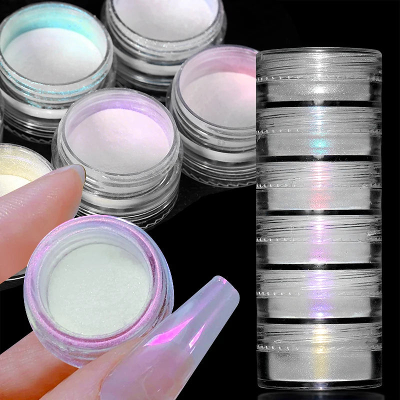 6Box/Set Aurora Pearl White Nails Powder Shell Mirror Pigment Chrome Effect Rubbing Dust Gel Polish DIY Nail Manicure Decoration