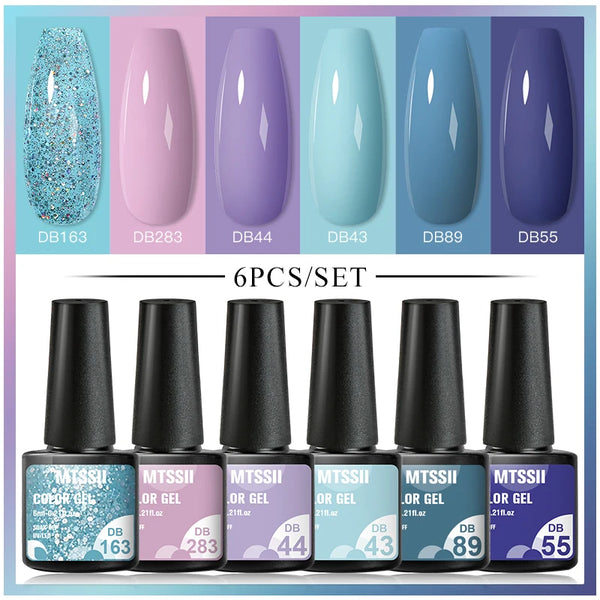 6Pcs Gel Nail Polish Set Spring Summer 6 Colors Blue UV LED Nail Art Gel Kit Semi Permanent Varnishes Base Top Coat Manicure