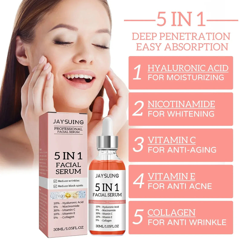 5 In 1 Hyaluronic Acid Face Serum Moisturizing Brightening Anti-Aging Vitamin C Shrink Pores Serum Skin Care 30ml